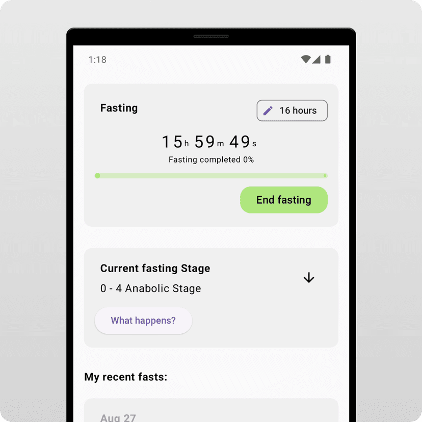 FastingAI fasting tracker interface showing 16:8 intermittent fasting schedule and progress tracking features